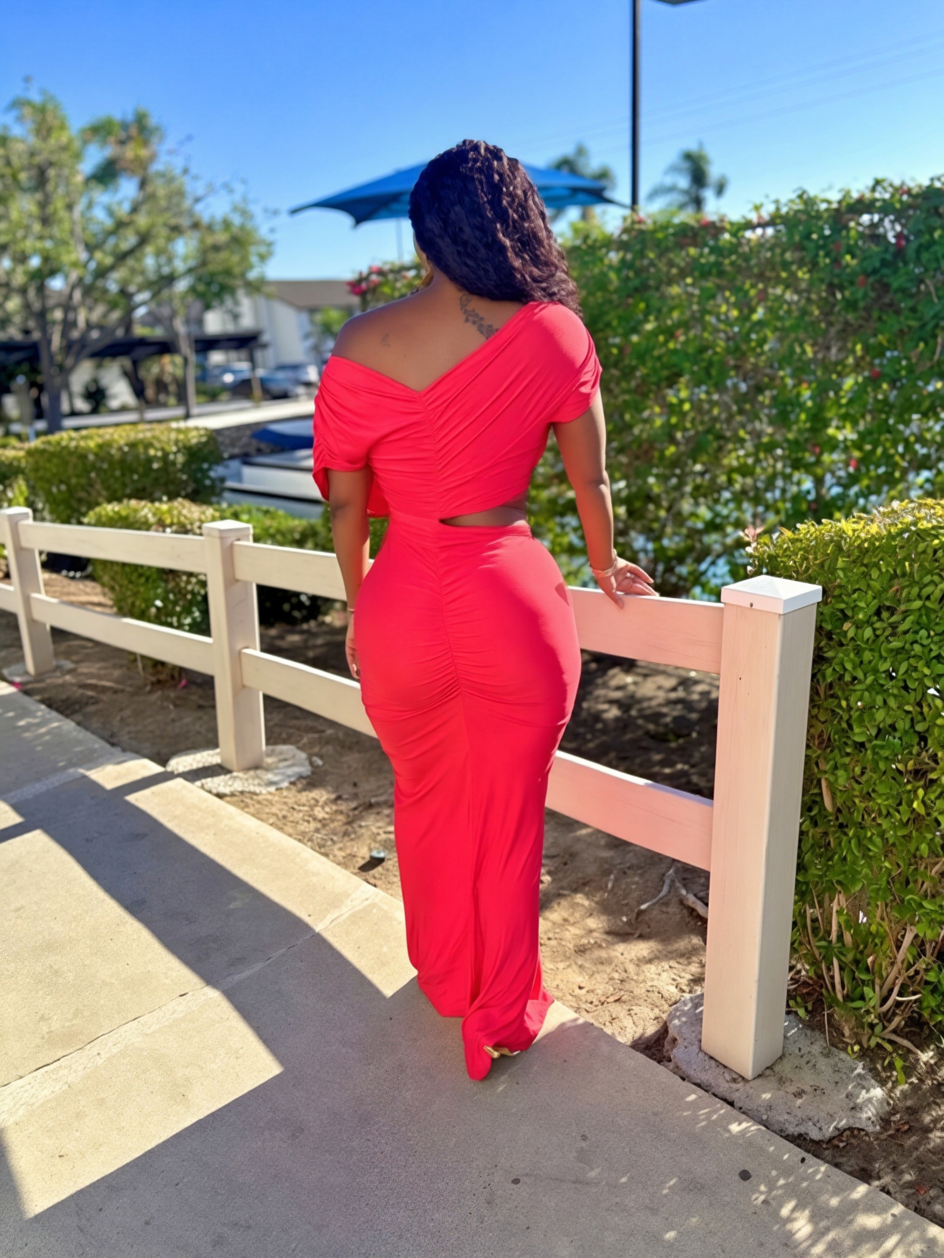 Crimson Horizon Off-The-Shoulder Maxi Dress