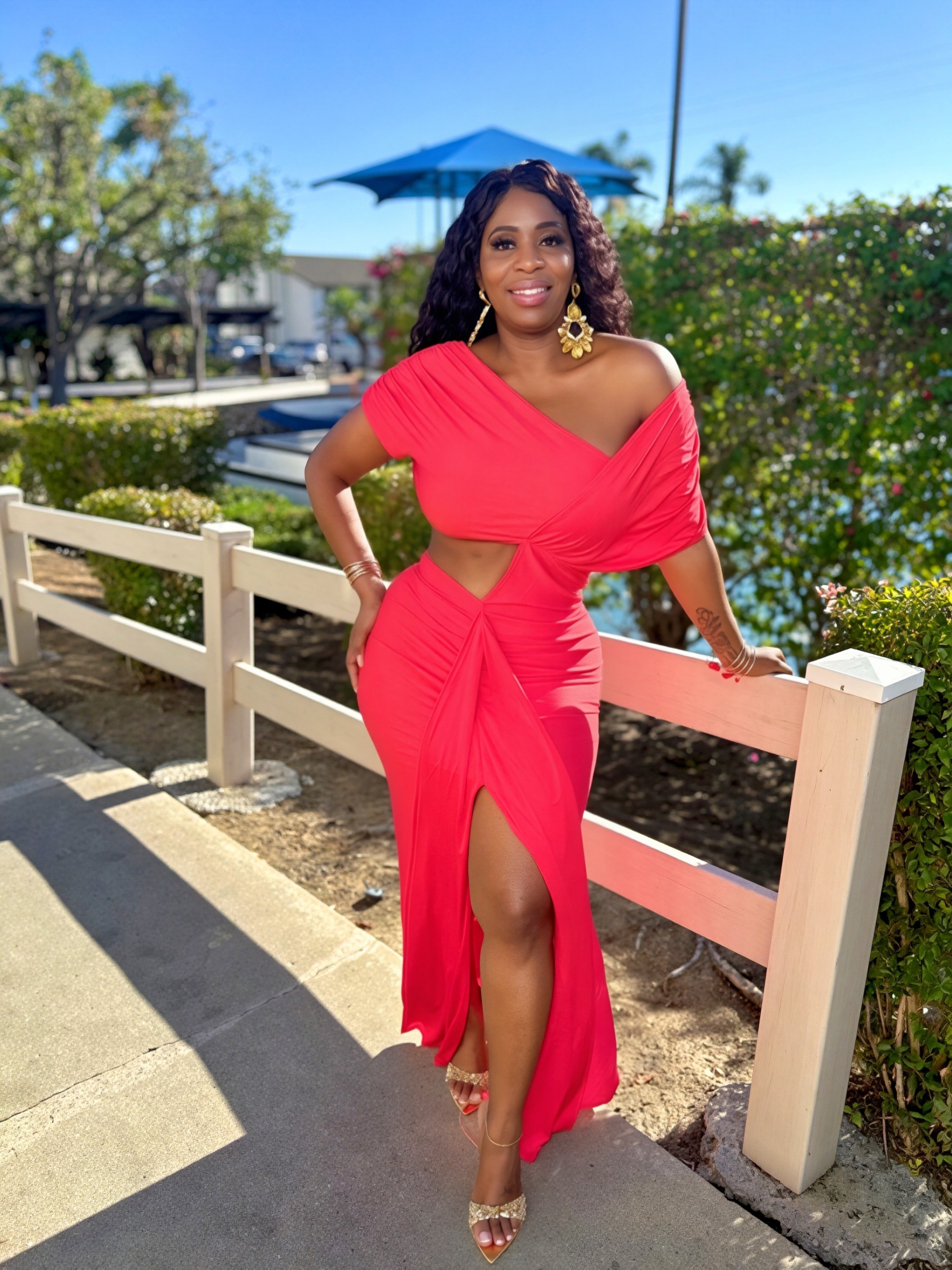Crimson Horizon Off-The-Shoulder Maxi Dress
