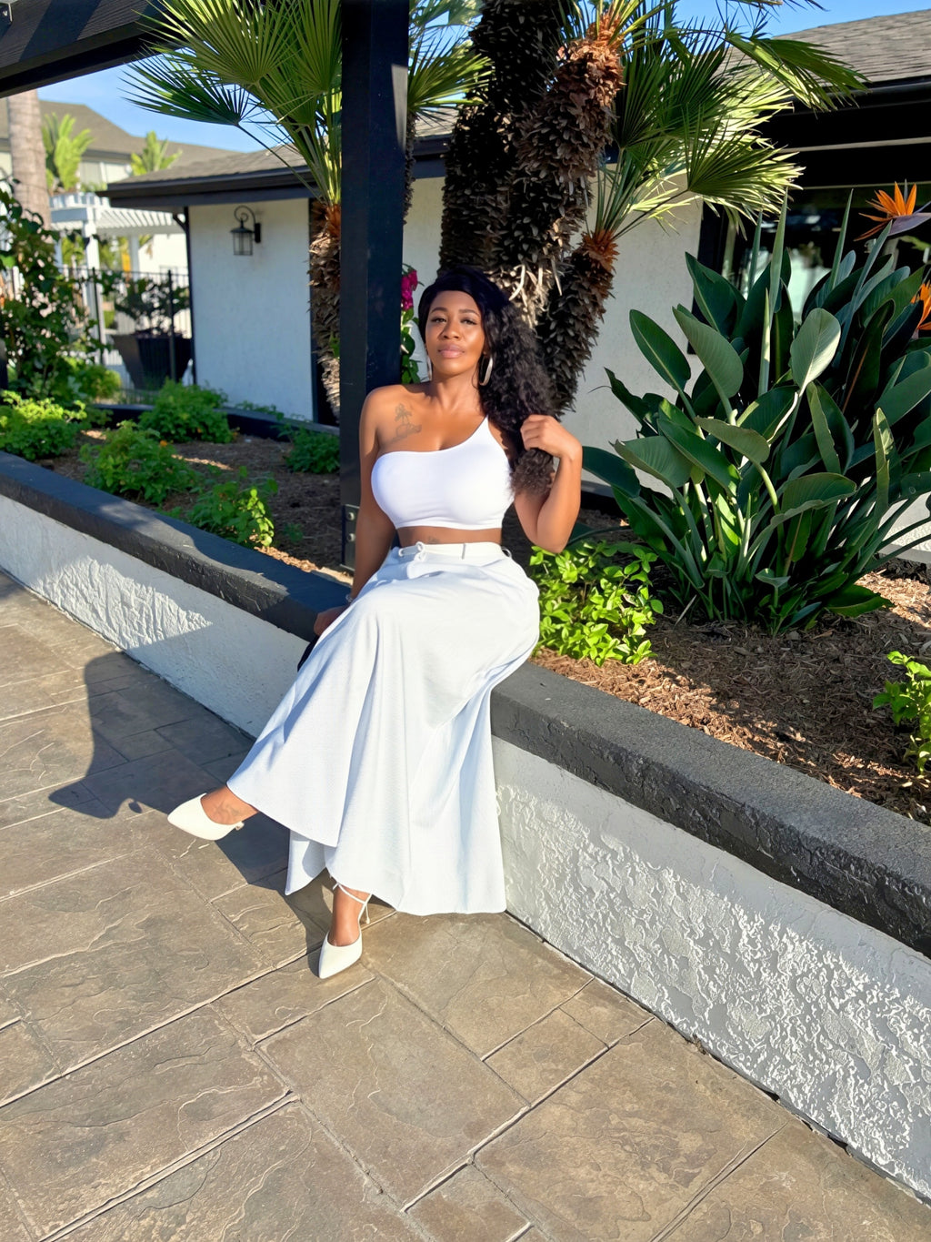 Skyline Blue & White High-Waist Maxi Skirt Set