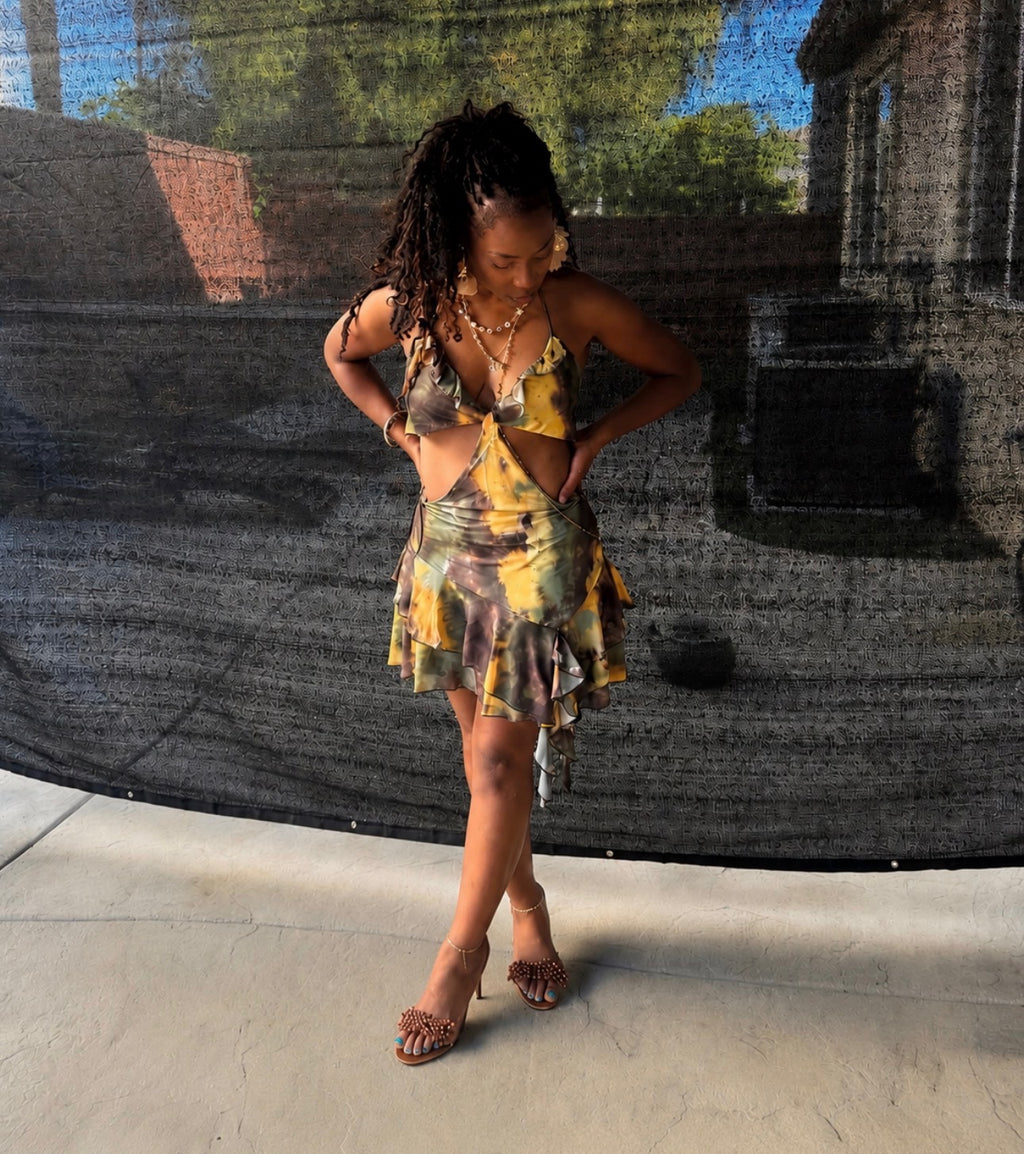 Vibrant Abstract Cut-Out Halter Mini Dress