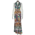 Casual Women Printed Swing Collar Color Matching Skirt Set Sleeveless