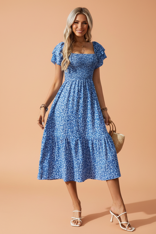 Floral Smocked Square Neck Ruffle Sleeve Dress